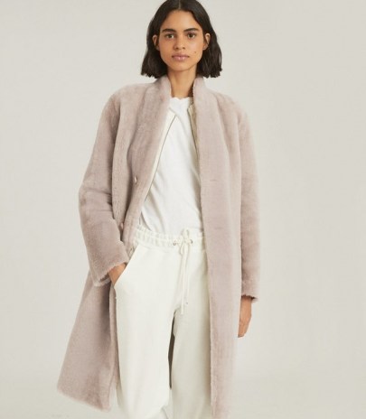REISS JORDANN REVERSIBLE SHEARLING COAT TAUPE/TAN ~ luxe winter coats