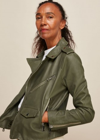 WHISTLES AGNES POCKET LEATHER BIKER / khaki-green zip detail jackets / cool casual outerwear - flipped