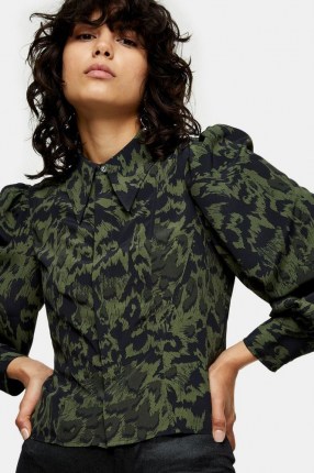 TOPSHOP Khaki Animal Print Slim Seamed Shirt – green printed puff shoulder shirts - flipped
