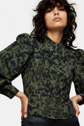 TOPSHOP Khaki Animal Print Slim Seamed Shirt – green printed puff shoulder shirts