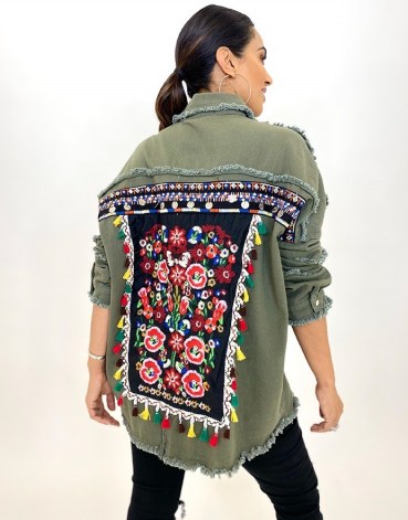 FOREVER UNIQUE Khaki Embroidered Shacket / floral shackets - flipped