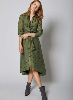 MINT VELVET Khaki Spot Midi Shirt Dress | green dresses | tie front detail waist