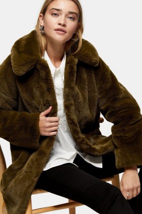 TOPSHOP Khaki Velvet Faux Fur Jacket / winter coats / outerwear - flipped