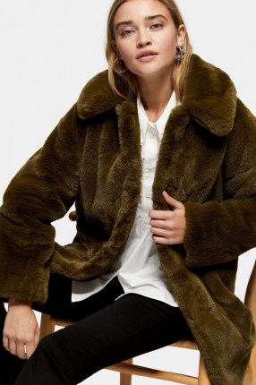 TOPSHOP Khaki Velvet Faux Fur Jacket / winter coats / outerwear
