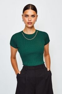 KAREN MILLEN Knitted Rib Eyelet And Trim Top / green chain embellished tops
