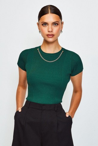 KAREN MILLEN Knitted Rib Eyelet And Trim Top / green chain embellished tops - flipped
