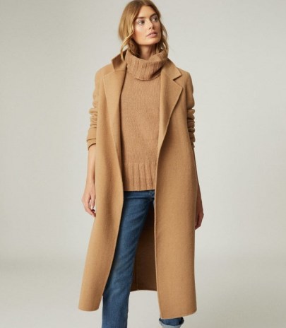 REISS LEAH WOOL BLEND LONGLINE OVERCOAT CAMEL ~ classic light brown winter coat ~ wrap style tie waist coats - flipped