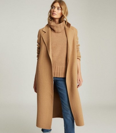 REISS LEAH WOOL BLEND LONGLINE OVERCOAT CAMEL ~ classic light brown winter coat ~ wrap style tie waist coats