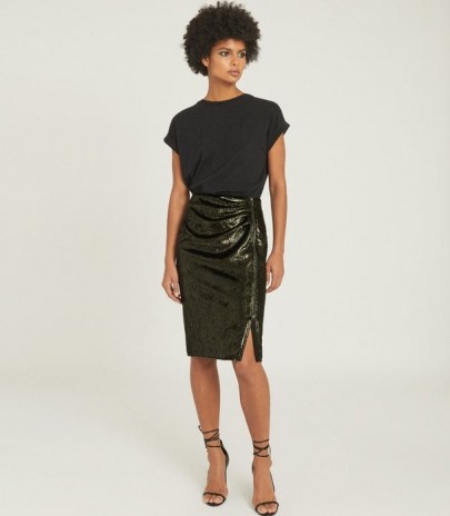 REISS LEENA VELVET PENCIL SKIRT GREEN / luxe metallic skirts