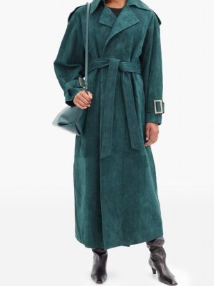 KHAITE Libby suede trench coat | luxe green tie waist coats - flipped