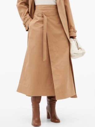 GABRIELA HEARST Linda cotton-drill belted wrap skirt | stylish contemporary skirts | camel brown fashion - flipped