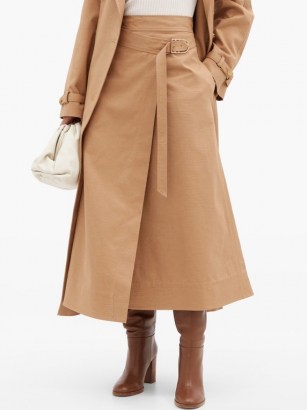 GABRIELA HEARST Linda cotton-drill belted wrap skirt | stylish contemporary skirts | camel brown fashion