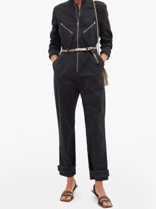STELLA MCCARTNEY Logo-jacquard belt denim jumpsuit ~ casual black zip detail jumpsuits - flipped