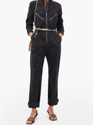 STELLA MCCARTNEY Logo-jacquard belt denim jumpsuit ~ casual black zip detail jumpsuits