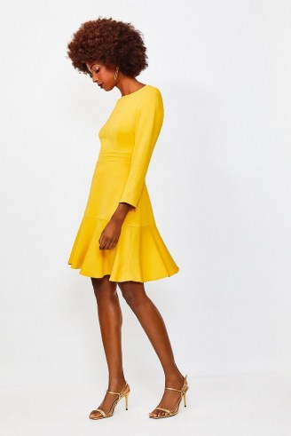 KAREN MILLEN Long Sleeve Ruffle Hem Top Stitch Dress Mustard / yellow flared hemline dresses - flipped