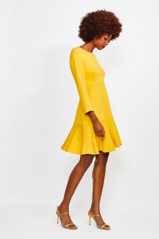 KAREN MILLEN Long Sleeve Ruffle Hem Top Stitch Dress Mustard / yellow flared hemline dresses