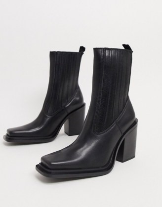 Mango square toe leather heeled boots in black / squared off toes / block heels