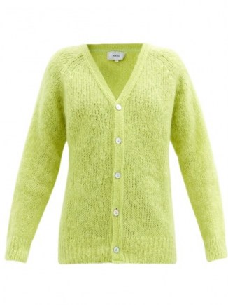 ERDEM Marcilly mohair-blend cardigan | fluffy cardi | chartreuse green V neck cardigans | designer knitwear - flipped