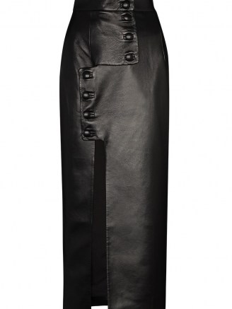 Materiel buttoned high-waist pencil skirt | black faux leather front slit skirts - flipped