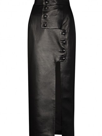 Materiel buttoned high-waist pencil skirt | black faux leather front slit skirts