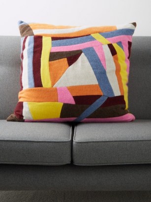 THE ELDER STATESMAN Maze abstract-stripe cashmere cushion cover ~ multicoloured cushion covers ~ soft furnishings for the home