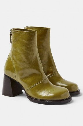 TOPSHOP MILO Green Patent Leather Scoop Toe Boots / shiny chunky heel boots - flipped