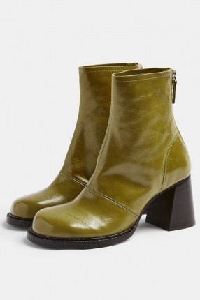 TOPSHOP MILO Green Patent Leather Scoop Toe Boots / shiny chunky heel boots