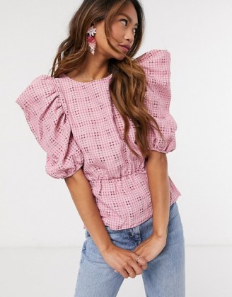 Miss Selfridge puff sleeve blouse in pink check | extreme puffed sleeves | checked blouses - flipped