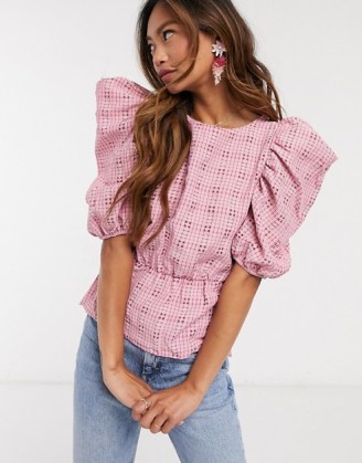 Miss Selfridge puff sleeve blouse in pink check | extreme puffed sleeves | checked blouses
