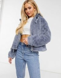 Missguided faux fur hooded bomber jacket in grey / fluffy casual jackets