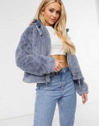 Missguided faux fur hooded bomber jacket in grey / fluffy casual jackets - flipped