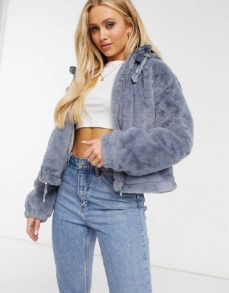 Missguided faux fur hooded bomber jacket in grey / fluffy casual jackets