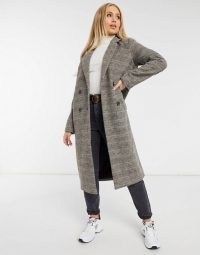 Monki Lou check wool double breasted coat in brown / longline checked coats
