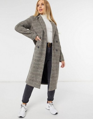 Monki Lou check wool double breasted coat in brown / longline checked coats - flipped