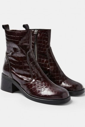 TOPSHOP MOTHER Burgundy Crocodile Round Toe Leather Boots / dark red croc embossed chelsea boots - flipped