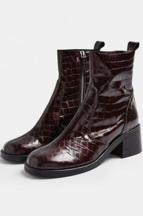 TOPSHOP MOTHER Burgundy Crocodile Round Toe Leather Boots / dark red croc embossed chelsea boots