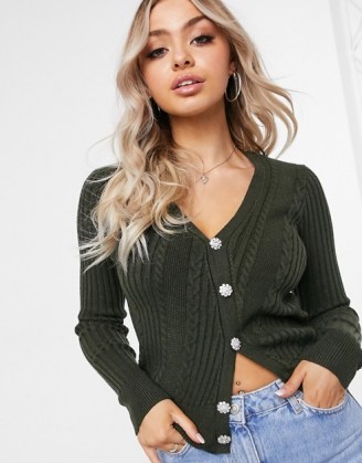 NA-KD cardigan with glitter buttons in forest green | diamante button cardigans | V neck | knitwear for autumn / winter 2020 - flipped