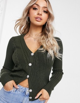 NA-KD cardigan with glitter buttons in forest green | diamante button cardigans | V neck | knitwear for autumn / winter 2020