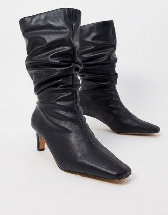 NA-KD ruched square toe boots in black / squared off toes / slouchy - flipped