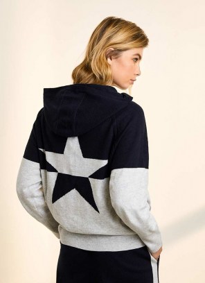 MINT VELVET Navy & Grey Star Knit Hoodie | colour block hoodies | casual hooded tops - flipped