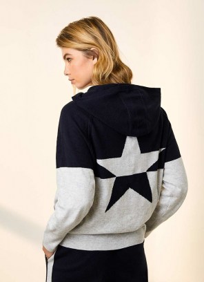 MINT VELVET Navy & Grey Star Knit Hoodie | colour block hoodies | casual hooded tops