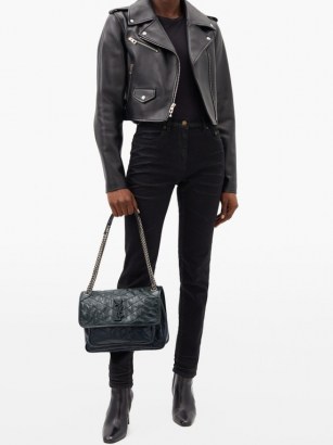 SAINT LAURENT Niki chevron-quilted creased-leather shoulder bag ~ black designer handbag ~ chain strap flap bags - flipped