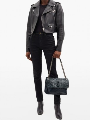 SAINT LAURENT Niki chevron-quilted creased-leather shoulder bag ~ black designer handbag ~ chain strap flap bags
