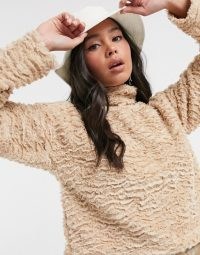 Noisy May textured faux fur top with high neck in camel / fluffy high neck tops