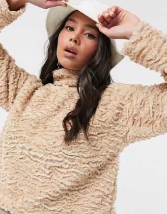 Noisy May textured faux fur top with high neck in camel / fluffy high neck tops - flipped
