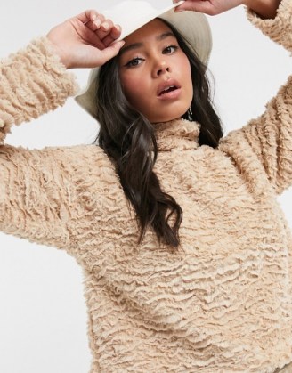 Noisy May textured faux fur top with high neck in camel / fluffy high neck tops