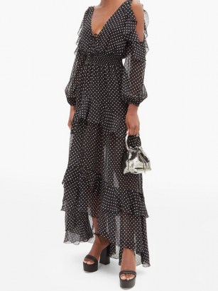 DUNDAS Off-the-shoulder tiered polka-dot silk maxi dress / monochrome spot print event dresses - flipped