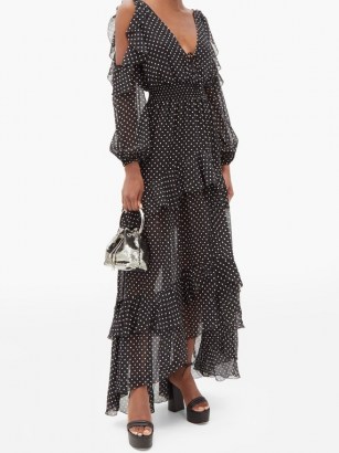 DUNDAS Off-the-shoulder tiered polka-dot silk maxi dress / monochrome spot print event dresses