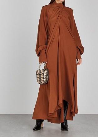 PETAR PETROV Abiel rust draped silk maxi dress ~ flowing orange-brown event dresses ~ rich autumn / winter colours