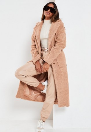 Missguided petite brown borg patch pocket coat | textured winter coats - flipped